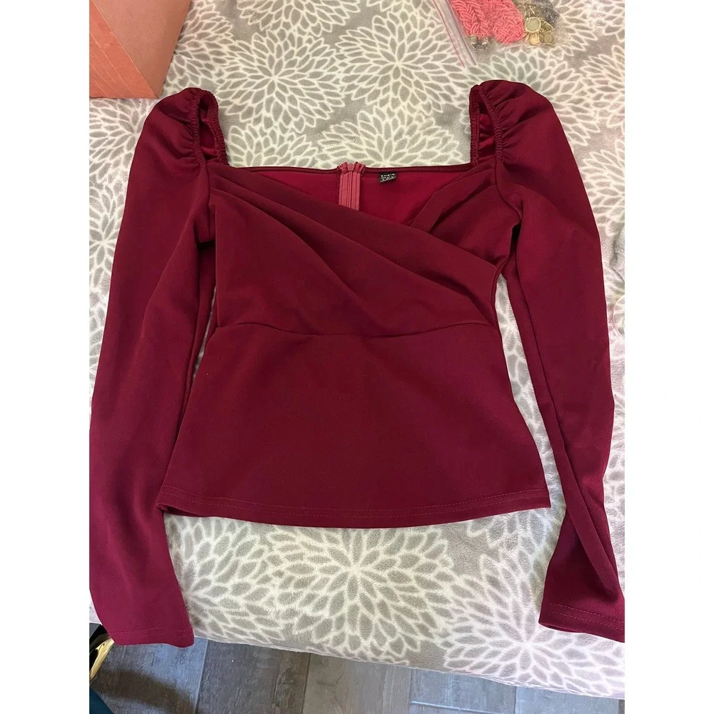 Long Sleeve Puff Shoulder Blouse Small Sweetheart Neck Vamp Wine Red Romantic - Picture 4 of 8